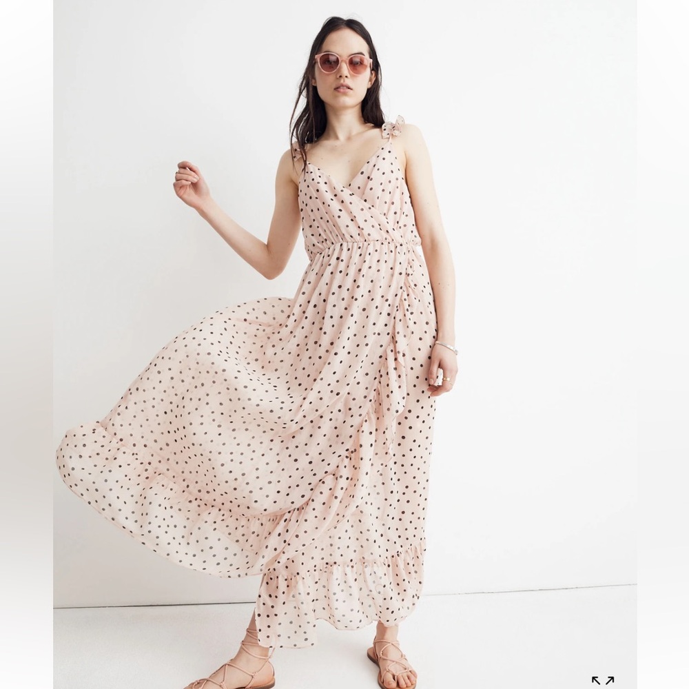 MADEWELL Ruffle Strap Wrap Dress in Inkspot Dots Blush Size 6 Midi